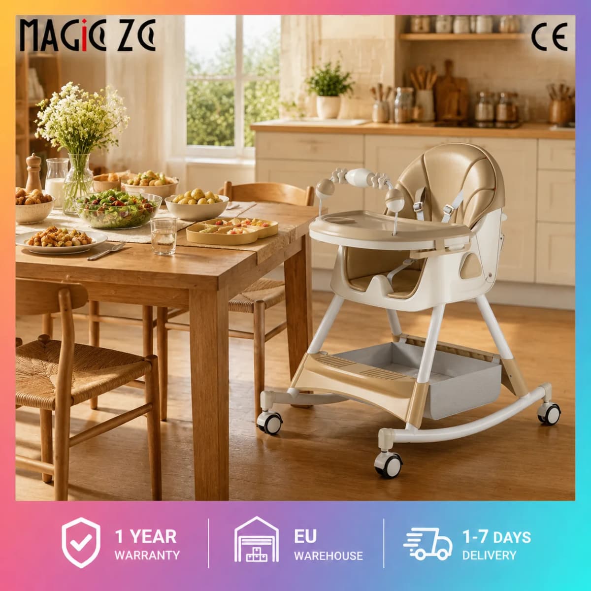 Comfortable Baby Rocking High Chair 3-Position Adjustable Reclining Infant Feeding Seat with Toy Shelf 4-Position Double Dinner Plate Swivel Wheels Safety Harness Storage Shelf Highchairs for Baby