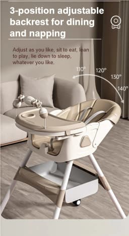 Comfortable Baby Rocking High Chair 3-Position Adjustable Reclining Infant Feeding Seat with Toy Shelf 4-Position Double Dinner Plate Swivel Wheels Safety Harness Storage Shelf Highchairs for Baby