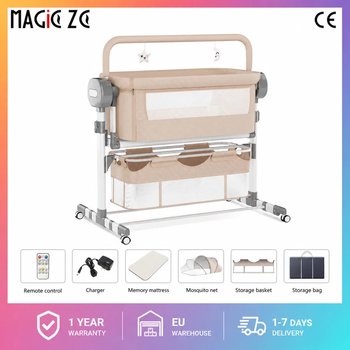 Multifunctional Electric Baby Cradle Bed, Portable Infant Side Sleeper Crib with Remote Control, Soothing Music, Toy Rack, Half-Covered Mosquito Net, Lockable Wheels and Breathable Window Screen