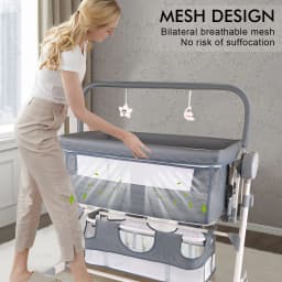 Multifunctional Electric Baby Cradle Bed, Portable Infant Side Sleeper Crib with Remote Control, Soothing Music, Toy Rack, Half-Covered Mosquito Net, Lockable Wheels and Breathable Window Screen