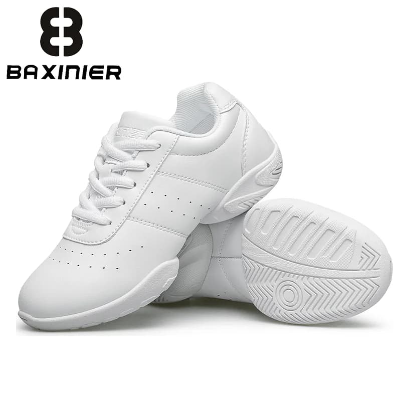 BAXINIER Youth Kids Cheerleading Shoes White Black Synthetic Leather Athletic Training Sneakers for Girls Boys Students Perforated Breathable Soft Cushioned Insole Non-Slip Rubber Sole Competition Shoes
