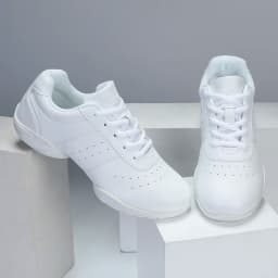 BAXINIER Youth Kids Cheerleading Shoes White Black Synthetic Leather Athletic Training Sneakers for Girls Boys Students Perforated Breathable Soft Cushioned Insole Non-Slip Rubber Sole Competition Shoes