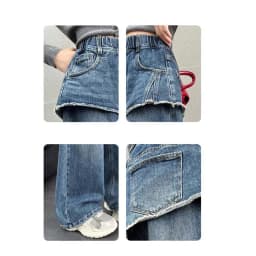Girls Pants 2026 Spring and Autumn New Childrens Clothing Korean Style Girl Baby Cool Water Wash Fake Two Jeans Wide Leg Pants