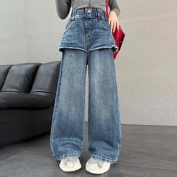 Girls Pants 2026 Spring and Autumn New Childrens Clothing Korean Style Girl Baby Cool Water Wash Fake Two Jeans Wide Leg Pants