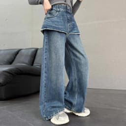 Girls Pants 2026 Spring and Autumn New Childrens Clothing Korean Style Girl Baby Cool Water Wash Fake Two Jeans Wide Leg Pants