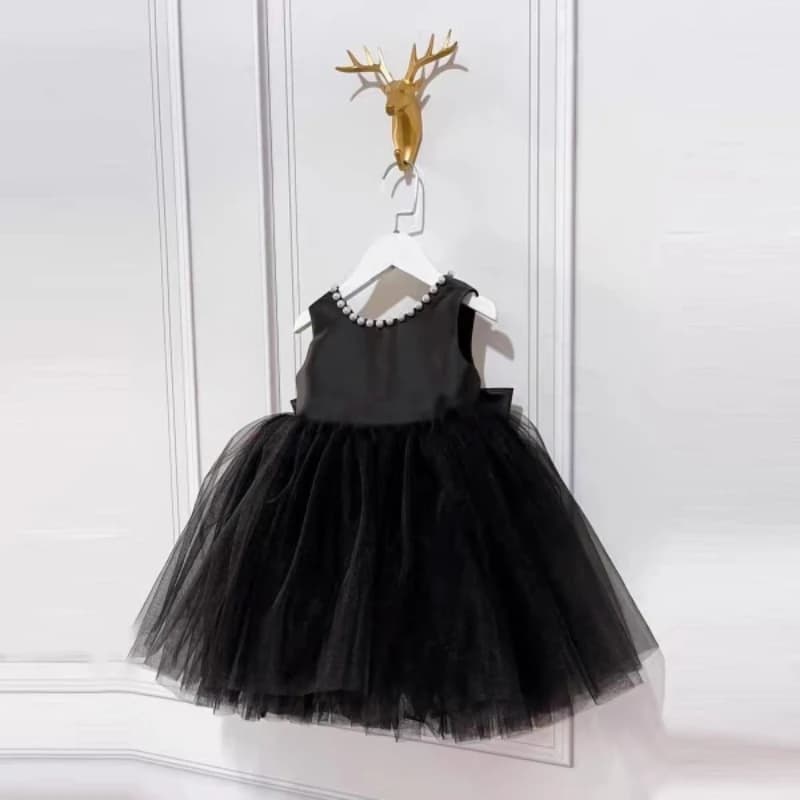 2026 Kids Host Runway Gown New Children Girls Black Satin Elegant Piano Violin Performance Show Dress Fashion Evening Costume