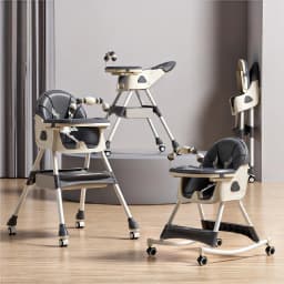 2 in 1 Baby High Chair Rocking Horse Convertible Feeding Seat for Toddler with Reclining Backrest Double Tray 5 Point Safety Harness Foldable Frame Swivel Wheels Storage Basket for Eating Playing and Rocking at Home