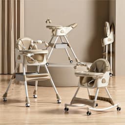 2 in 1 Baby High Chair Rocking Horse Convertible Feeding Seat for Toddler with Reclining Backrest Double Tray 5 Point Safety Harness Foldable Frame Swivel Wheels Storage Basket for Eating Playing and Rocking at Home