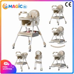 2 in 1 Baby High Chair Rocking Horse Convertible Feeding Seat for Toddler with Reclining Backrest Double Tray 5 Point Safety Harness Foldable Frame Swivel Wheels Storage Basket for Eating Playing and Rocking at Home