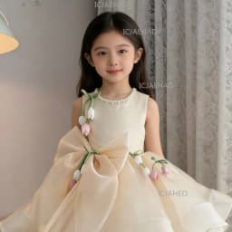 2026 Children Flower Girl Wedding Little Gown Satin Champagne Lace Girls Host Performance Birthday Party Banquet Princess Dress
