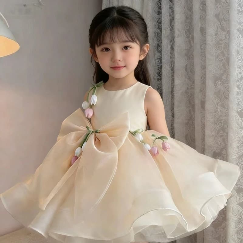 2026 Children Flower Girl Wedding Little Gown Satin Champagne Lace Girls Host Performance Birthday Party Banquet Princess Dress