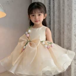 2026 Children Flower Girl Wedding Little Gown Satin Champagne Lace Girls Host Performance Birthday Party Banquet Princess Dress