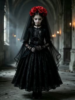 Girls Gothic Dark Ghost Bride Costume Long Sleeve Lace Tulle Dress Red Rose Flower Veil Kid Halloween Cosplay Party Fancy Outfit