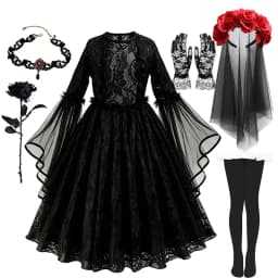 Girls Gothic Dark Ghost Bride Costume Long Sleeve Lace Tulle Dress Red Rose Flower Veil Kid Halloween Cosplay Party Fancy Outfit