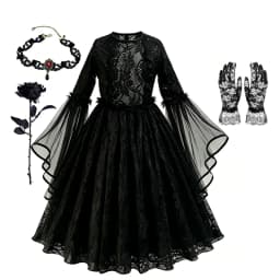 Girls Gothic Dark Ghost Bride Costume Long Sleeve Lace Tulle Dress Red Rose Flower Veil Kid Halloween Cosplay Party Fancy Outfit