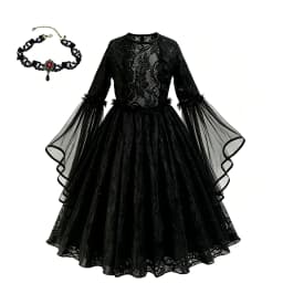 Girls Gothic Dark Ghost Bride Costume Long Sleeve Lace Tulle Dress Red Rose Flower Veil Kid Halloween Cosplay Party Fancy Outfit