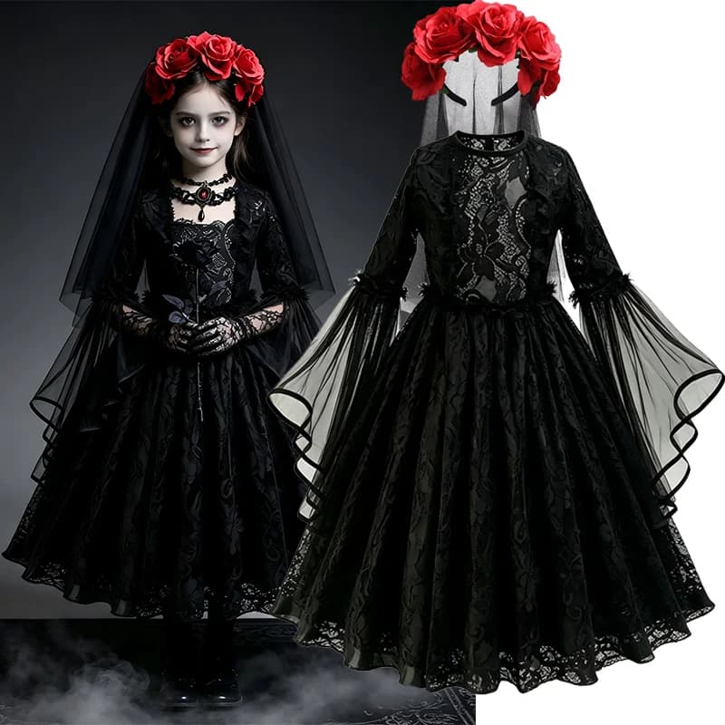 Girls Gothic Dark Ghost Bride Costume Long Sleeve Lace Tulle Dress Red Rose Flower Veil Kid Halloween Cosplay Party Fancy Outfit