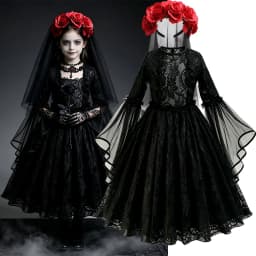 Girls Gothic Dark Ghost Bride Costume Long Sleeve Lace Tulle Dress Red Rose Flower Veil Kid Halloween Cosplay Party Fancy Outfit