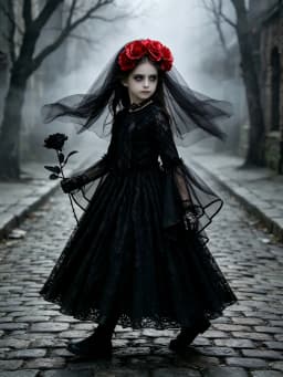 Girls Gothic Dark Ghost Bride Costume Long Sleeve Lace Tulle Dress Red Rose Flower Veil Kid Halloween Cosplay Party Fancy Outfit