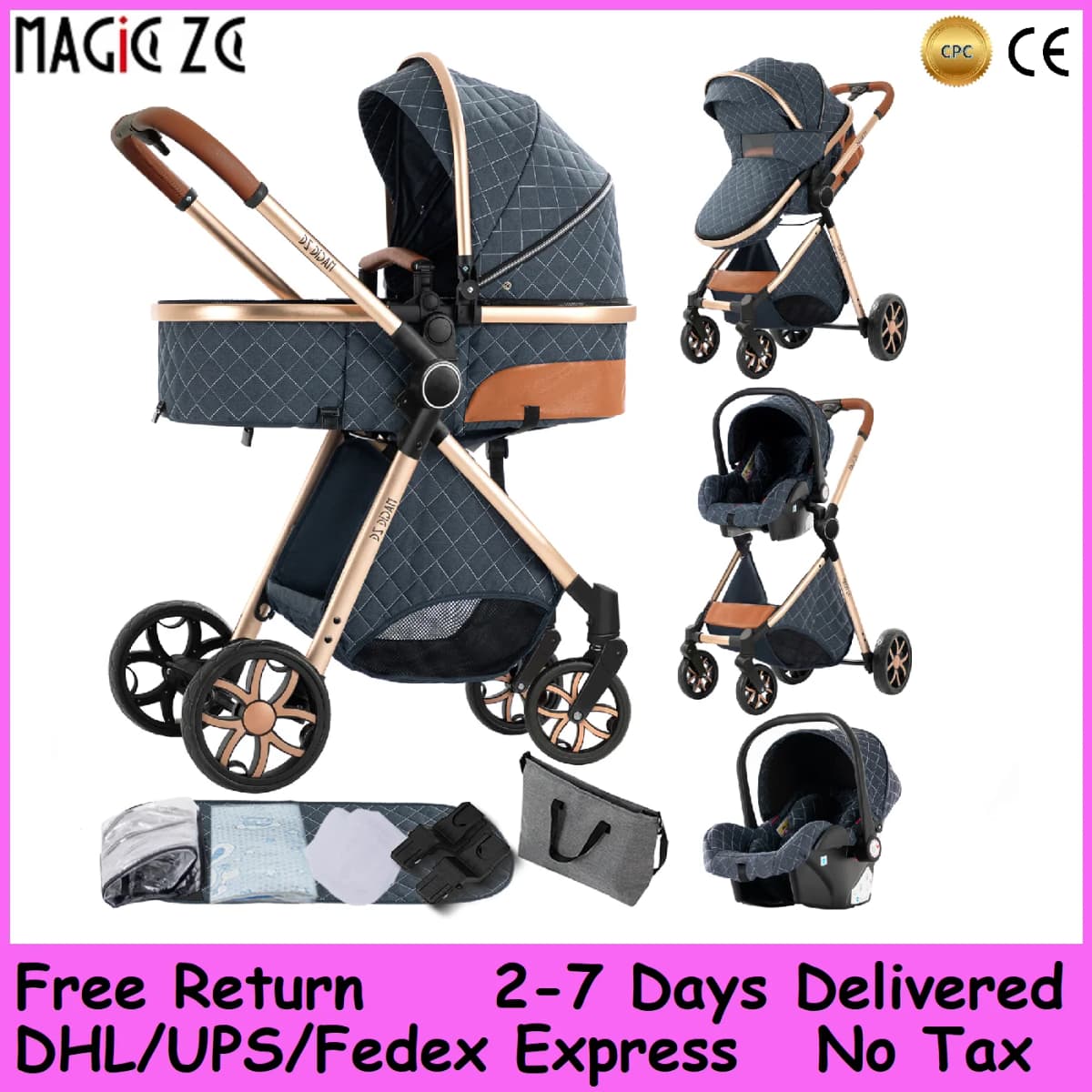 One-Hand Easy Foldable Baby Stroller with 6 Free Accessories - Reversible High Landscape Infant Carriage, Convertible Sitting Lying Bassinet Pram, Compact Travel System Pushchair with Storage Basket & Rain Cover for 0-4 Years