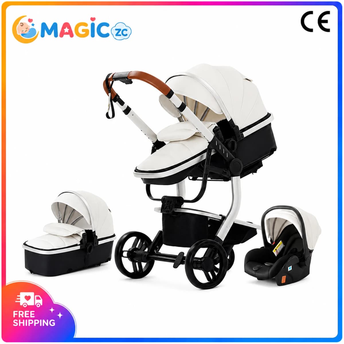 3 in 1 Baby Stroller with Car Seat Travel System for Newborn Toddler Reversible Foldable Pushchair Carrycot Aluminium Frame EVA Wheels PU Leather Handle High Landscape Pram Baby Carriage Canopy Foot Cover Storage Basket