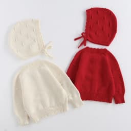 MiniAinis Autumn Winter New Baby Knitted Jacket With Hat Included Girls Knit Bubble Ball Sweater Girls Beige Red Coat Cap 2 PCS