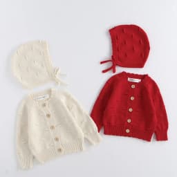 MiniAinis Autumn Winter New Baby Knitted Jacket With Hat Included Girls Knit Bubble Ball Sweater Girls Beige Red Coat Cap 2 PCS