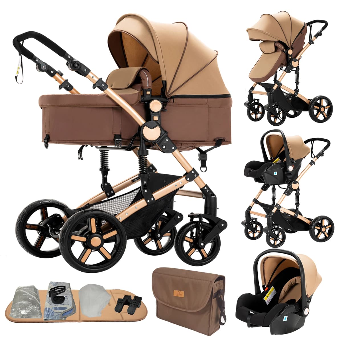 Foldable 3 in 1 Baby Travel System Stroller High Landscape Reversible Bassinet Pram Infant Car Seat Combination Multi-Function Lightweight Pushchair All-Terrain EVA Wheels Shock Absorber One-Foot Brake Newborn Baby Carriage Set