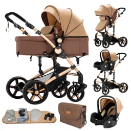 Foldable 3 in 1 Baby Travel System Stroller High Landscape Reversible Bassinet Pram Infant Car Seat Combination Multi-Function Lightweight Pushchair All-Terrain EVA Wheels Shock Absorber One-Foot Brake Newborn Baby Carriage Set
