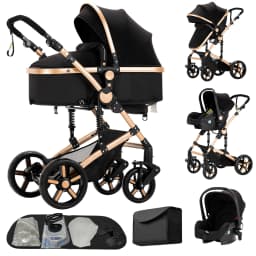 Foldable 3 in 1 Baby Travel System Stroller High Landscape Reversible Bassinet Pram Infant Car Seat Combination Multi-Function Lightweight Pushchair All-Terrain EVA Wheels Shock Absorber One-Foot Brake Newborn Baby Carriage Set