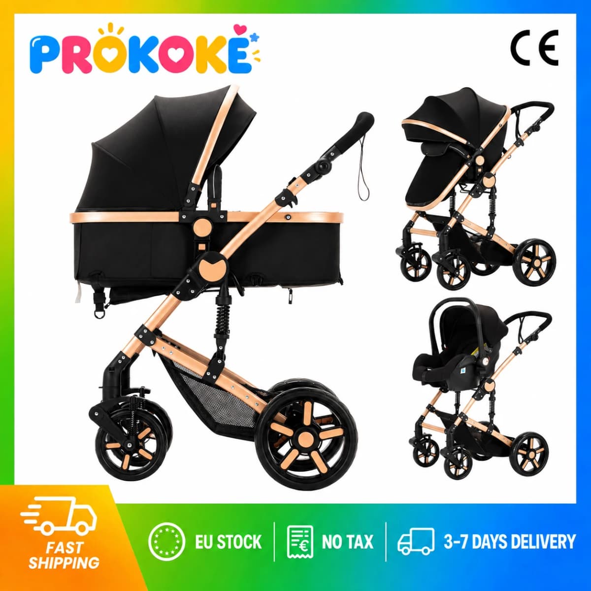 Infant Carrier Baby Stroller 3 in 1 Travel System High Landscape Newborn Pushchair with Reversible Bassinet Foldable Frame Seat EVA Wheels Shock Absorbing Suspension Foot Brake 360 Swivel Front Wheels Storage Basket