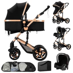 Infant Carrier Baby Stroller 3 in 1 Travel System High Landscape Newborn Pushchair with Reversible Bassinet Foldable Frame Seat EVA Wheels Shock Absorbing Suspension Foot Brake 360 Swivel Front Wheels Storage Basket