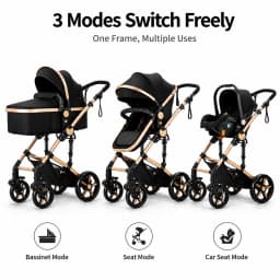 Infant Carrier Baby Stroller 3 in 1 Travel System High Landscape Newborn Pushchair with Reversible Bassinet Foldable Frame Seat EVA Wheels Shock Absorbing Suspension Foot Brake 360 Swivel Front Wheels Storage Basket