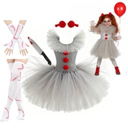 Pennywise Inspired Horrible Creature It Clown Tutu Dress Kids Joker Cosplay Costume with Hair Pin Gloves Girl Halloween Apparel