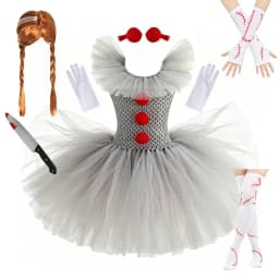 Pennywise Inspired Horrible Creature It Clown Tutu Dress Kids Joker Cosplay Costume with Hair Pin Gloves Girl Halloween Apparel