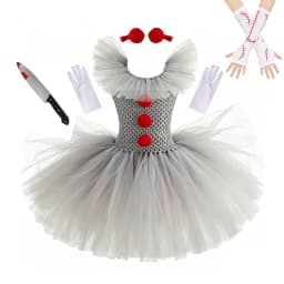 Pennywise Inspired Horrible Creature It Clown Tutu Dress Kids Joker Cosplay Costume with Hair Pin Gloves Girl Halloween Apparel