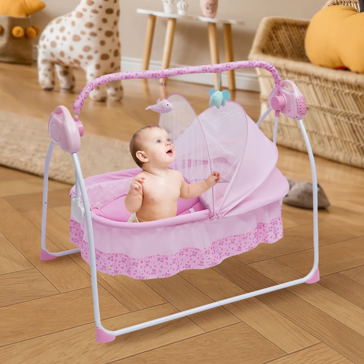 Electric Baby Crib 0-18 Months Baby Bed Automatic Cradle Swing Pink