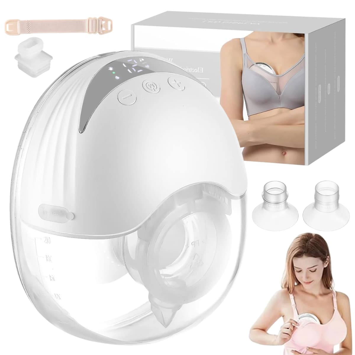 Hands-free wearable electric breast pump with 4 modes and 12 adjustable speeds. Features a white, one-piece portable design, ultra-quiet operation, and is a handy tool for working mothers who need to pump.