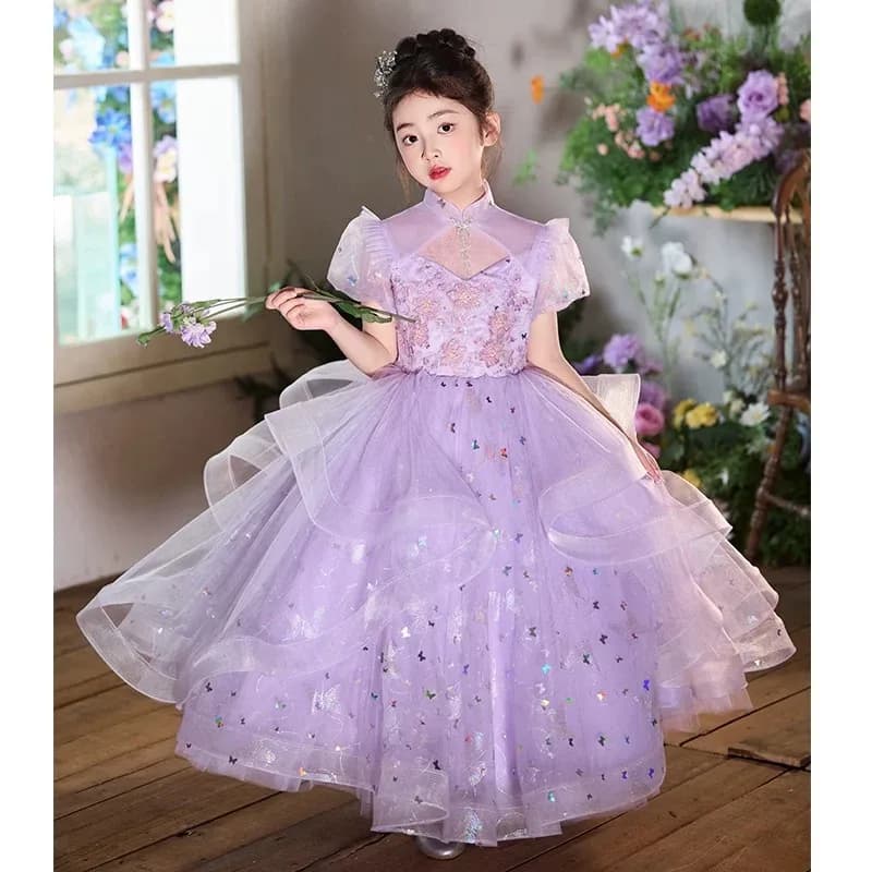 New Children Sweet Cute Purple Flower Girl Wedding Evening Kids Tutu Performance Host Piano Gown Girls Formal Elegant Costume