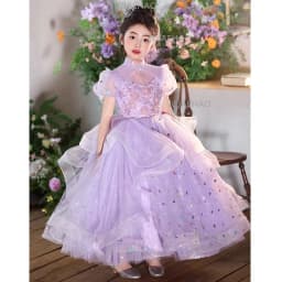 New Children Sweet Cute Purple Flower Girl Wedding Evening Kids Tutu Performance Host Piano Gown Girls Formal Elegant Costume