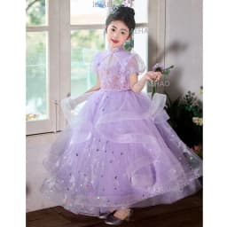 New Children Sweet Cute Purple Flower Girl Wedding Evening Kids Tutu Performance Host Piano Gown Girls Formal Elegant Costume