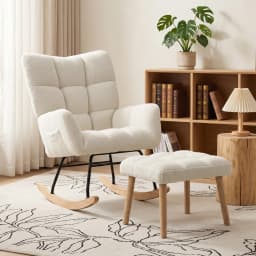 HOMCOM Fauteuil à Bascule avec Repose-Pieds, Rocking Chair en Tissu Bouclette, Assise Rembourrée, Dossier Large, Crème