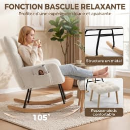 HOMCOM Fauteuil à Bascule avec Repose-Pieds, Rocking Chair en Tissu Bouclette, Assise Rembourrée, Dossier Large, Crème