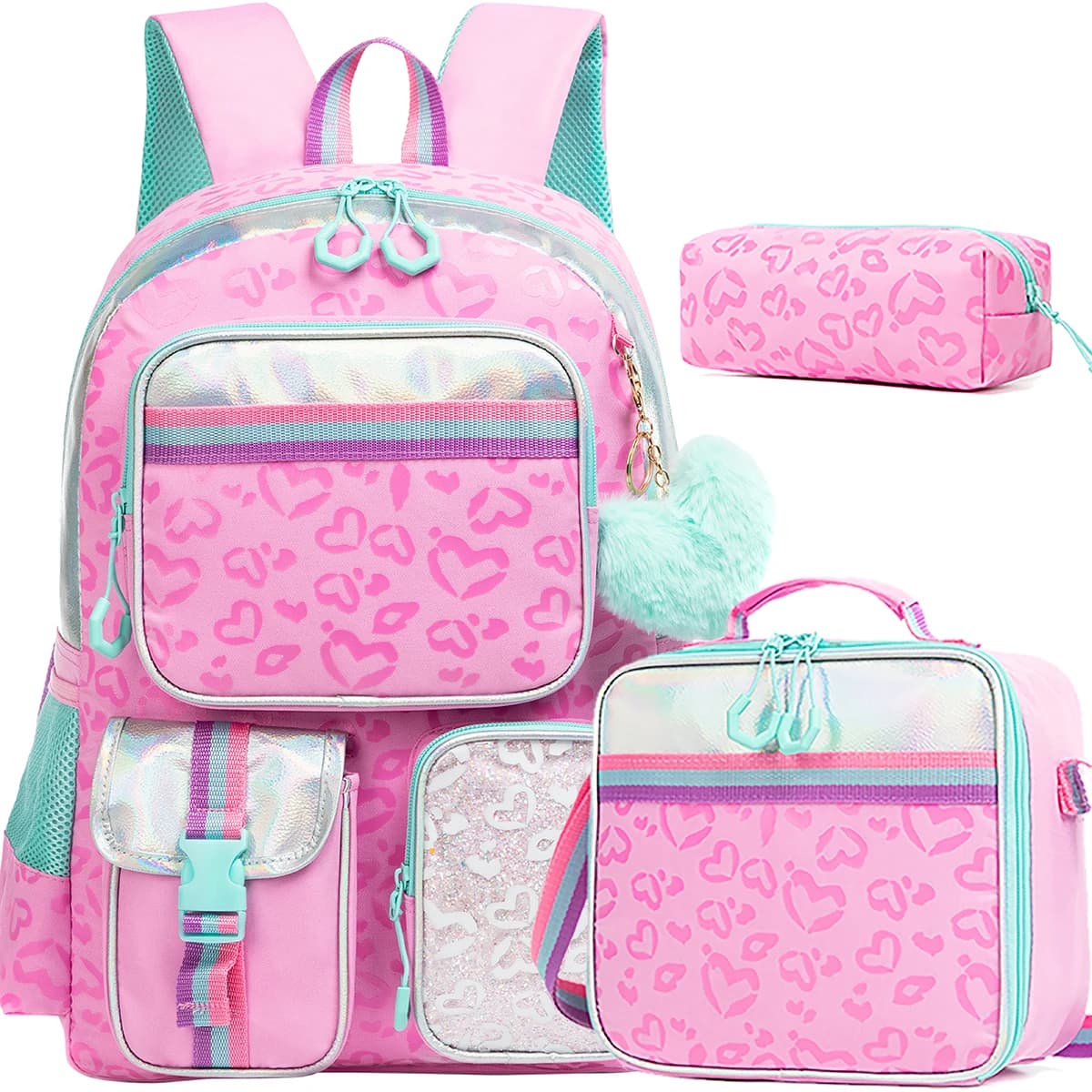 Aesthetic Girls Backpack Set with Lunch Box & Pencil Case, Cute Bookbag for Elementary Students