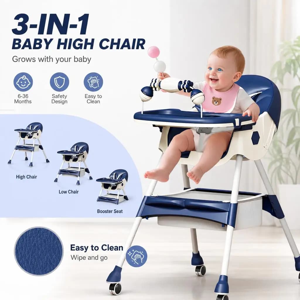 3-In-1 Baby High Chair Foldable Portable Convertible Eat & Play Baby Dining Chair with Double-Layer Dinner Plate Toy Rack Infant Toddler Feeding Chair for Boys Girls Baby Furniture