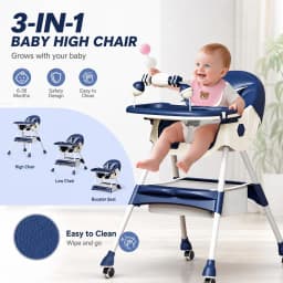 3-In-1 Baby High Chair Foldable Portable Convertible Eat & Play Baby Dining Chair with Double-Layer Dinner Plate Toy Rack Infant Toddler Feeding Chair for Boys Girls Baby Furniture
