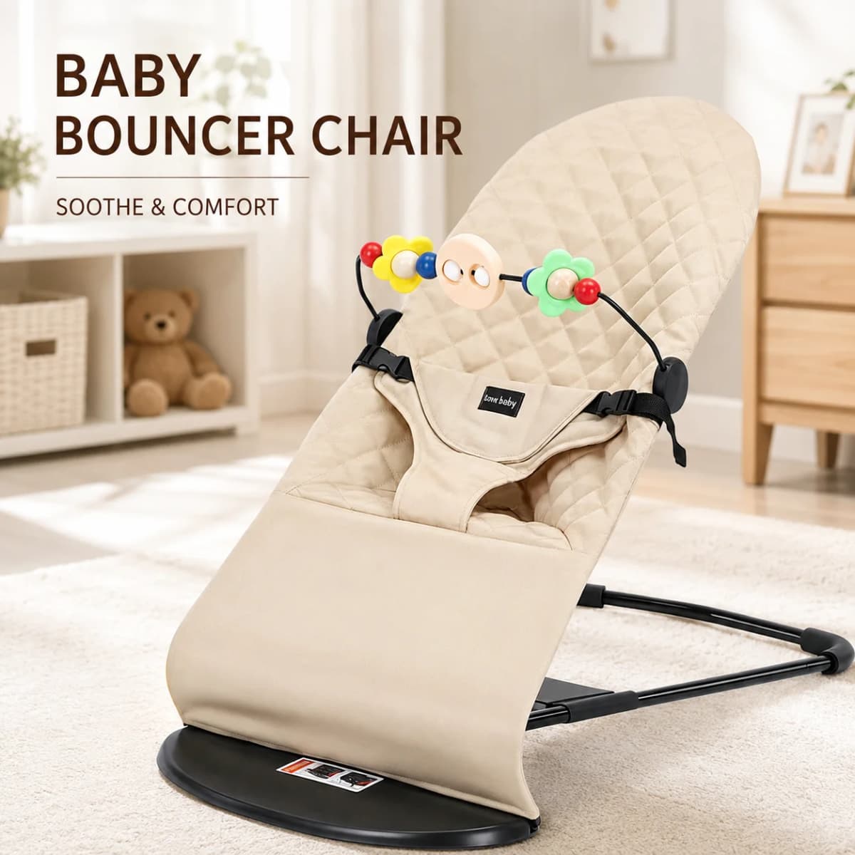 Baby Bouncer Rocker Chair Newborn Infant Lounger Seat Adjustable 3 Position Natural Swing Baby Bassinet Comfortable Baby Soothing Chair with Toy Bar Washable Cover Safe Toddler Relax Chair