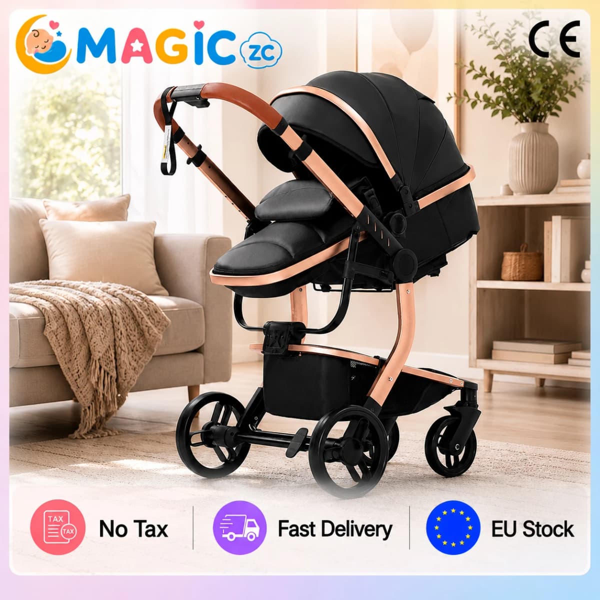 Newborn Pram Travel System with Bassinet Reversible Baby Stroller PU Leather Pushchair for Infant Toddler Daily Travel Convertible Baby Carriage