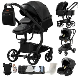 Newborn Pram Travel System with Bassinet Reversible Baby Stroller PU Leather Pushchair for Infant Toddler Daily Travel Convertible Baby Carriage