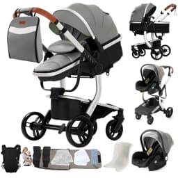 Newborn Pram Travel System with Bassinet Reversible Baby Stroller PU Leather Pushchair for Infant Toddler Daily Travel Convertible Baby Carriage